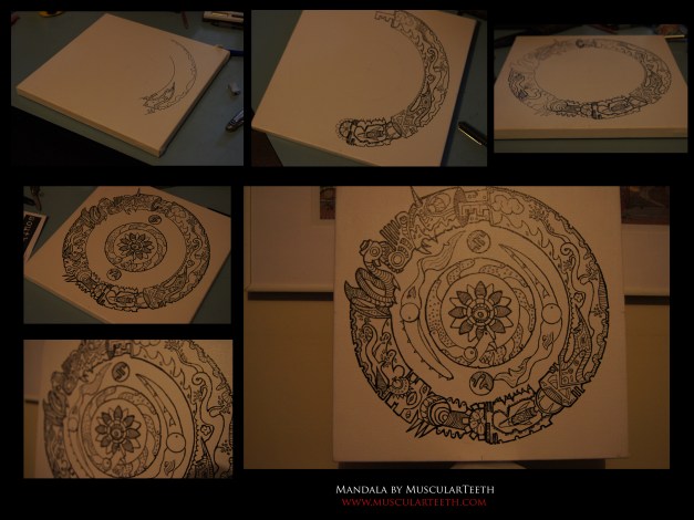 a mandala drawn on canvas with pen/ink