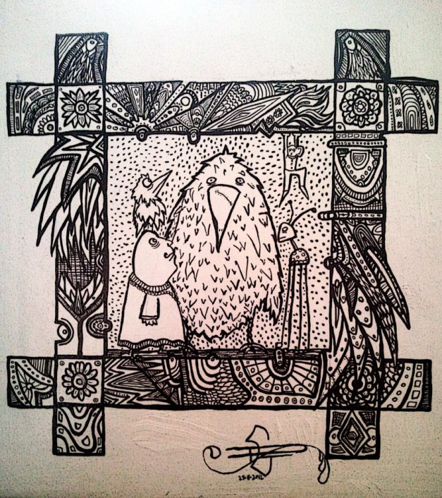 Art by MuscularTeeth.  30cm x 30cm canvas and ink pen