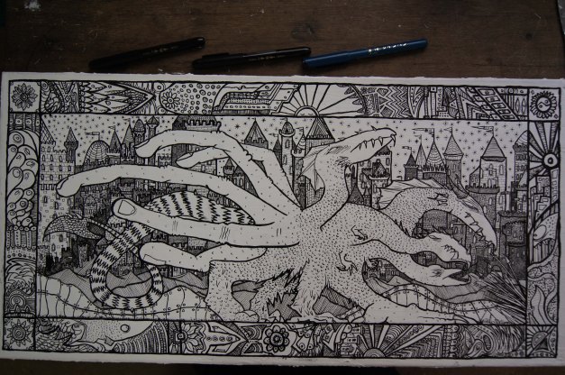 HYDRA & THE CITY by MUSCULARTEETH. Canvas and waterbased ink brush-pen